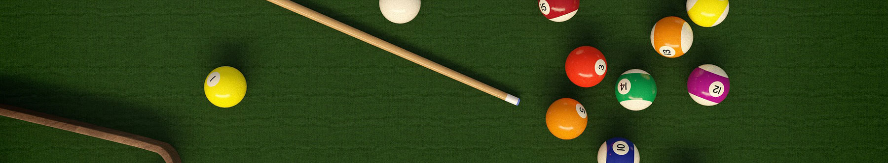 Billiards table with cue stick, ball rack, and a set of billiard balls.